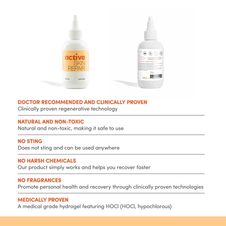 A 3 fl oz white bottle and yellow box of ACTIVE SKIN REPAIR - HYDROGEL by the brand ACTIVE SKIN REPAIR. This medical-grade, sting-free product utilizes hypochlorous (HOCl) to support the body's natural healing process. The packaging includes text and icons that highlight its usage and benefits.