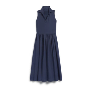 The FRANK & EILEEN - Daphne Sleeveless Popover Dress is a sleeveless, dark blue midi dress with a fitted bodice, collared neckline, and a lightly pleated, flowing skirt. Crafted from washed linen, the dress also features handy side pockets. Displayed on a white background.