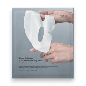 A person holds a SUNGBOON EDITOR - DEEP COLLAGEN LIFTING MASK in their hands against a neutral background. Text next to the mask reads: "+100% agreed that their skin elasticity improved. +100% agreed that their skin felt moisturized. +98% agreed that their wrinkles became less noticeable.