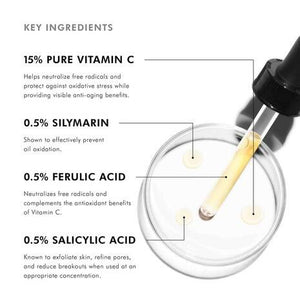 A 30ml (1 fl oz) amber glass bottle of SKINCEUTICALS - SILYMARIN CF from Skin Ceuticals. It features a black dropper cap and a white label with blue accents that reads "High-potency combination antioxidant with Silymarin, 15% L-Ascorbic Acid, and 0.5% Ferulic Acid." This vitamin C serum is perfect for oily skin.