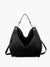 The JEN & CO STUDDED SLOUCHY HOBO is a chic black leather handbag with gold accents and studded trim. It offers a single top handle and an optional shoulder strap, making it a versatile accessory.