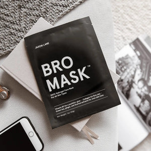 Two black packets of JAXON LANE - BRO MASK HYDROGEL FACE MASK are shown, featuring Men’s Health Grooming Awards 2019 and Brides Beauty Awards 2020 badges—a premium sheet mask for men by JAXON LANE.