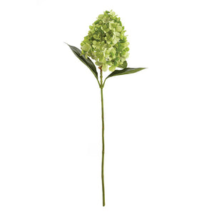 NAPA HOME AND GARDEN cone hydrangea stems are elegantly arranged with large leaves in rustic metal containers on a gray countertop. Lilies and other flowers add a fresh, realistic touch to the display, perfect for any home or office setting.