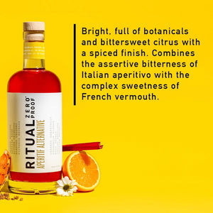 A tall, clear bottle with a yellow cap contains a red liquid. The label reads "RITUAL ZERO PROOF- APERITIF ALTERNATIVE" in large, modern font, along with additional small text detailing the product. The design is minimalistic, featuring white, yellow, and black colors.