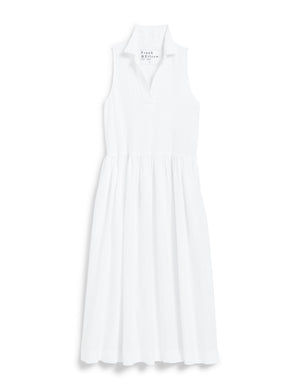 The FRANK & EILEEN - DAPHNE SLEEVELESS POPOVER DRESS is a sophisticated maxi dress in washed linen, featuring a collar and V-neck. This elegant dress by FRANK & EILEEN showcases a fitted bodice, a gathered flared skirt, and convenient side pockets. It is displayed against a white background.