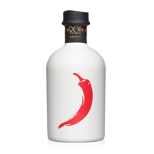 A sleek white bottle with a black cap, adorned with a stylized red chili pepper illustration on the front. The brand name "MERCATO DI BELLINA" is displayed in gold letters on the neck, perfectly representing the premium Italian chili pepper infused olive oil contained within.