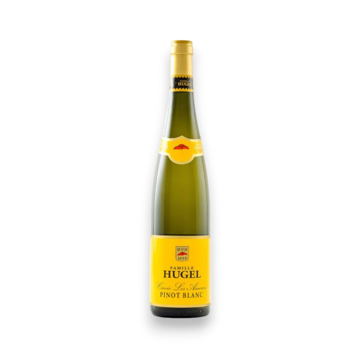 A green glass bottle of HUGEL CUVEE LES AMOURS PINOT BLANC 2023 by WINE: TRYON, with a yellow label and matching neck label, is shown against a plain white background.