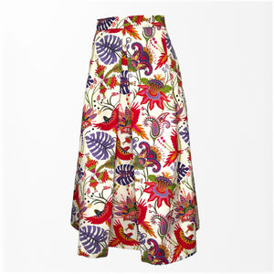 Introducing the MIDI STRUCTURED SKIRT by ALYKI LABORATORIO, a high-waisted A-line skirt that showcases a striking abstract floral pattern in vibrant shades of pink and red on a cream backdrop. Crafted in Italy, this voluminous piece features soft, elegant pleats for a refined yet bold look.