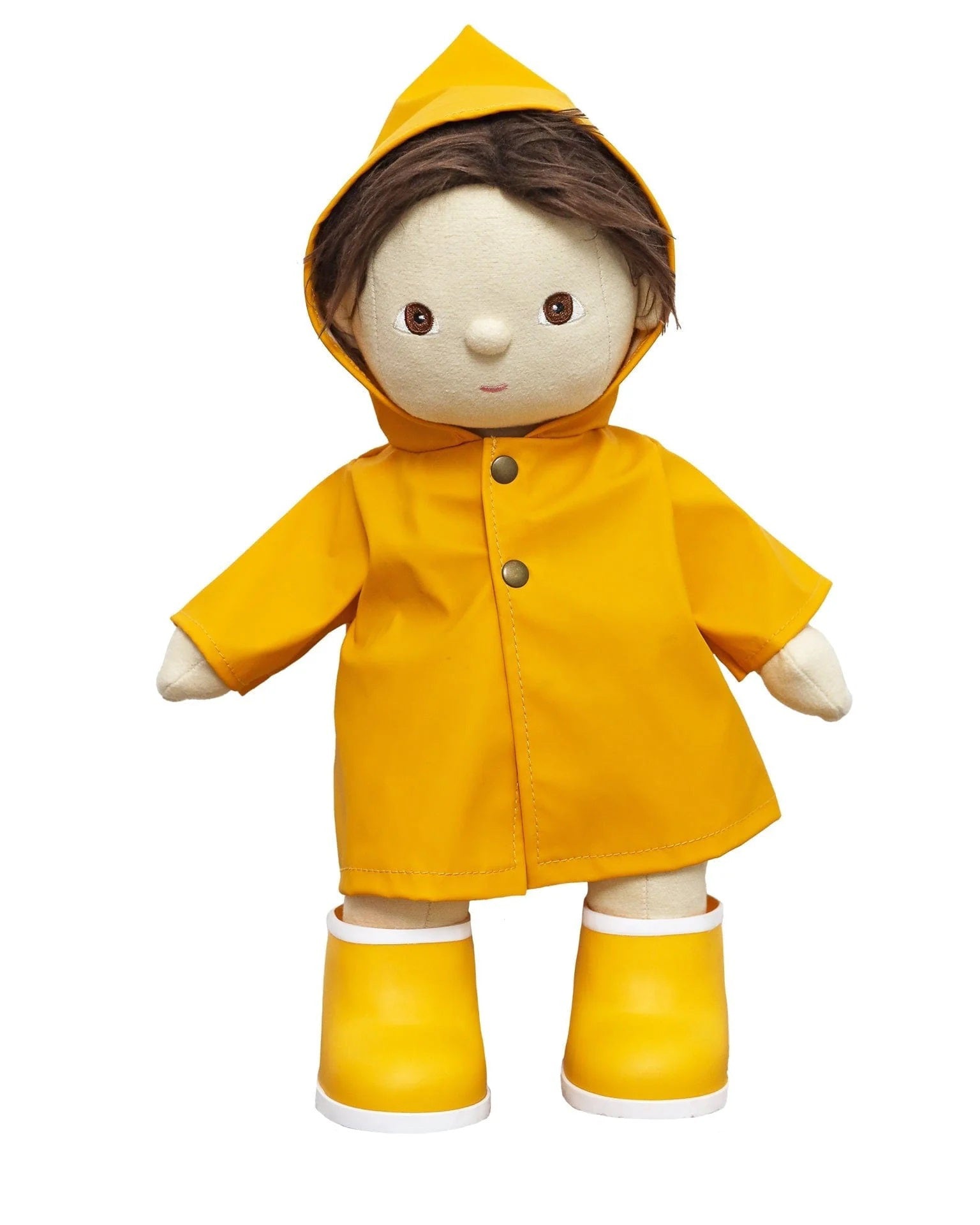 The DINKUM DOLL AHOY RAINCOAT by OLLI ELLA USA is a small yellow waterproof raincoat with a hood and two black buttons on the front, perfect for a child or a Dinkum Doll. Shown against a plain white background, this raincoat is ideal for any Rainy Play Set adventure.