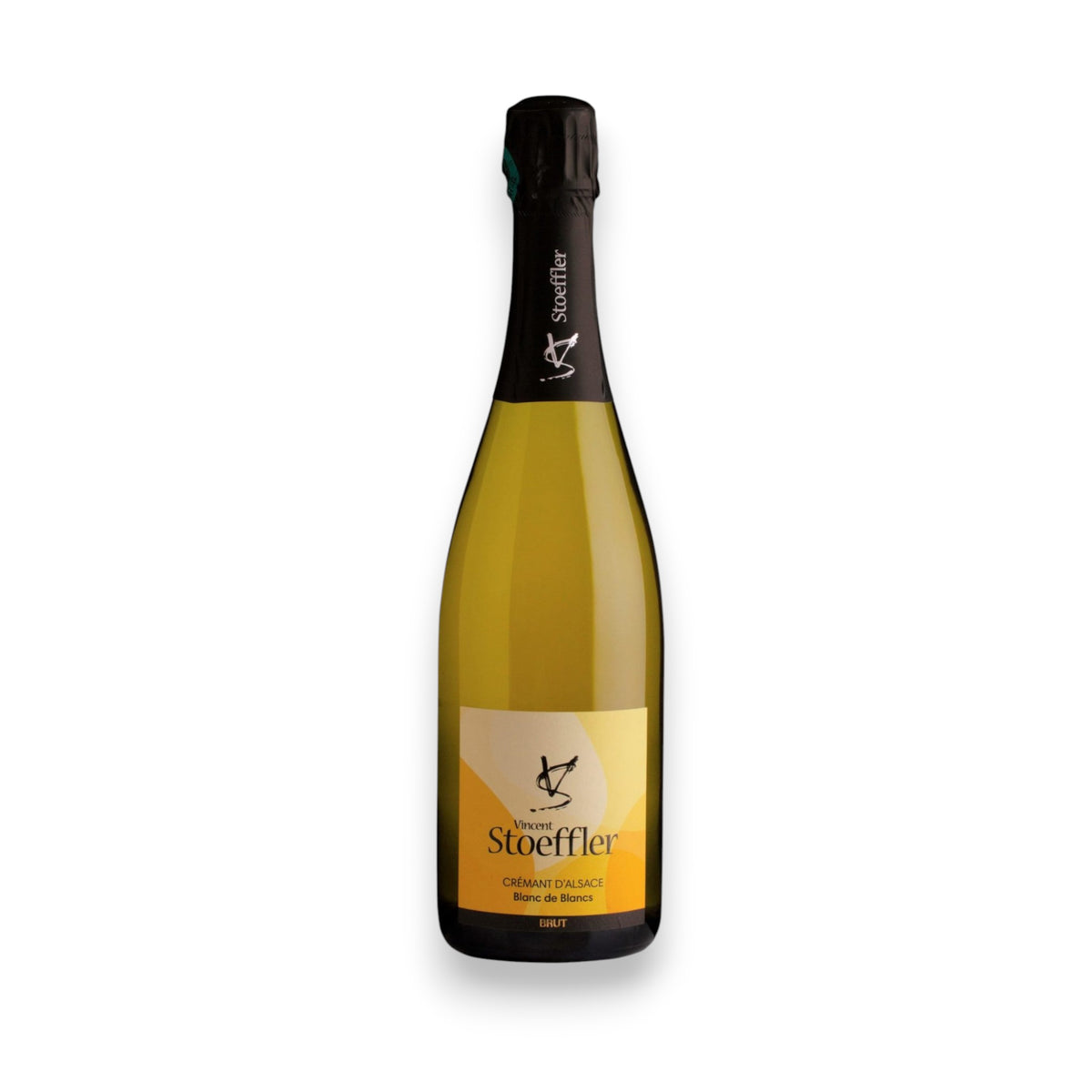 A bottle of STOEFFLER CREMANT DE ALSACE BLANC DE BLANC, a sparkling white wine, is set against a white background. The label features a stylized bird with &quot;Stoeffler&quot; and product details in black and yellow tones, distributed by WINE: EMPIRE DISTRIBUTING.