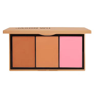 Two makeup palettes, each a JASON WU - BLUSH TRIO from JASON WU BEAUTY, are displayed with three glowing colors. The left blush palette features orange, peach, and pink tones, while the right includes pink, mauve, and rose shades. Swatches of the colors are blended below each corresponding palette.