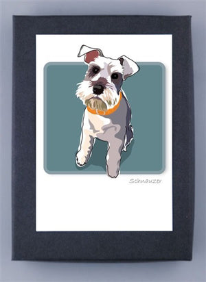 The SCHNAUSER LOOK UP by PAPER RUSSELLS features a digitally stylized Schnauzer displayed across three panels, each adorned with a unique background color: teal, red, and green. The Schnauzer is consistently depicted wearing a yellow collar and gazing upward in all panels. This artwork is printed on 100% recycled paper and proudly made in the USA.