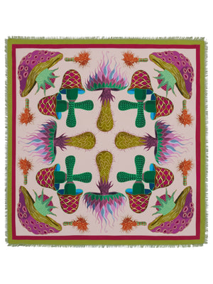 The FRANCO FERRARI - CIALDA DOUBLE SIDED FRINGE SILK SCARF 90CM, made of 100% silk, features a vibrant double-sided pattern in green, pink, orange, white, and brown hues. This colorful scarf can be folded into a triangle and tied at the top and is finished with fringed edges.