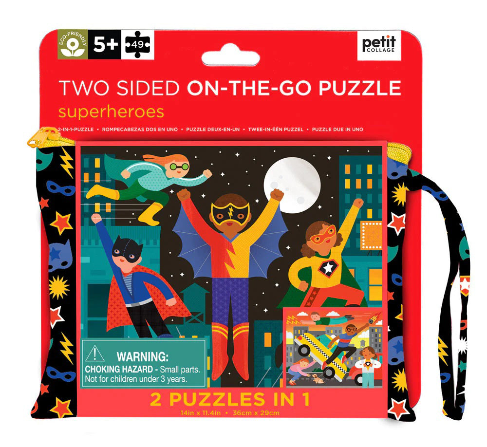 The image shows the packaging of the SUPERHERO DOUBLE SIDED ON THE GO PUZZLE by PETITECOLLAGE, ideal for ages 5+. It contains 49 pieces and is packaged in a vibrant, portable carrying case decorated with heroic characters. Warning: small parts included.