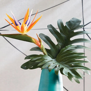 A vibrant Bird of Paradise flower in shades of orange, purple, and green, set in a teal vase with large monstera leaves and the Napa Home and Garden branded Split Leaf Selloum Stem. The background displays a minimalist design with intersecting black lines on a light gray surface. Available for in-store pickup only!