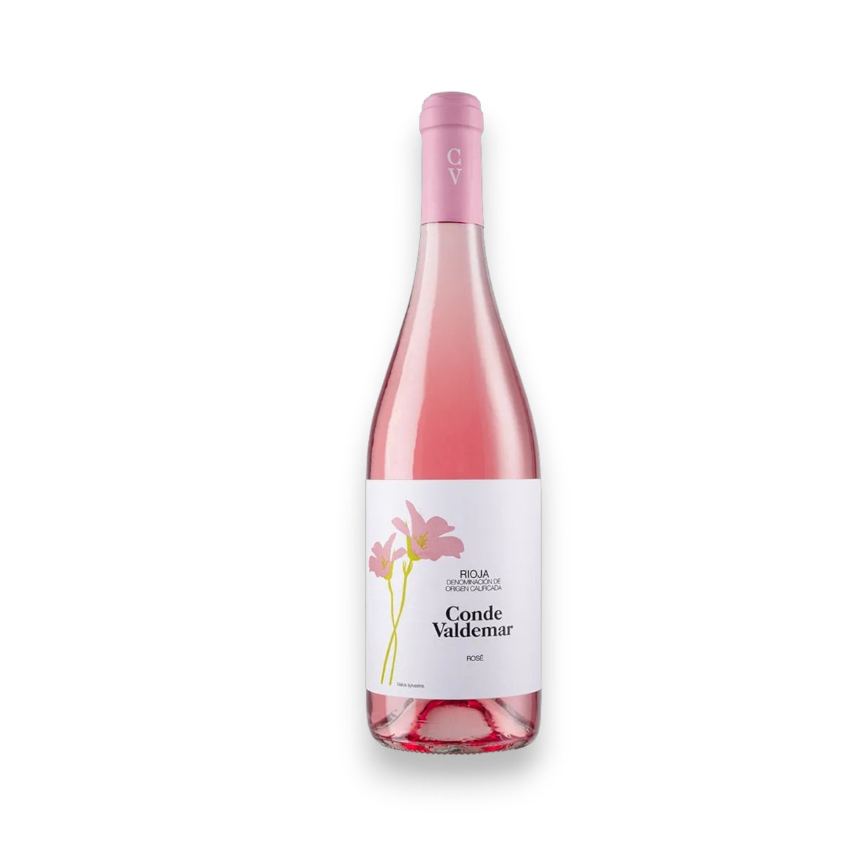WINE: ORSINI VALDEMAR CONDE VALDEMAR ROSE 2023—a bottle of pale pink rosé with a pink cap and white label adorned with pink flowers, set against a white background. Ideal for pairing with Mediterranean cuisine.