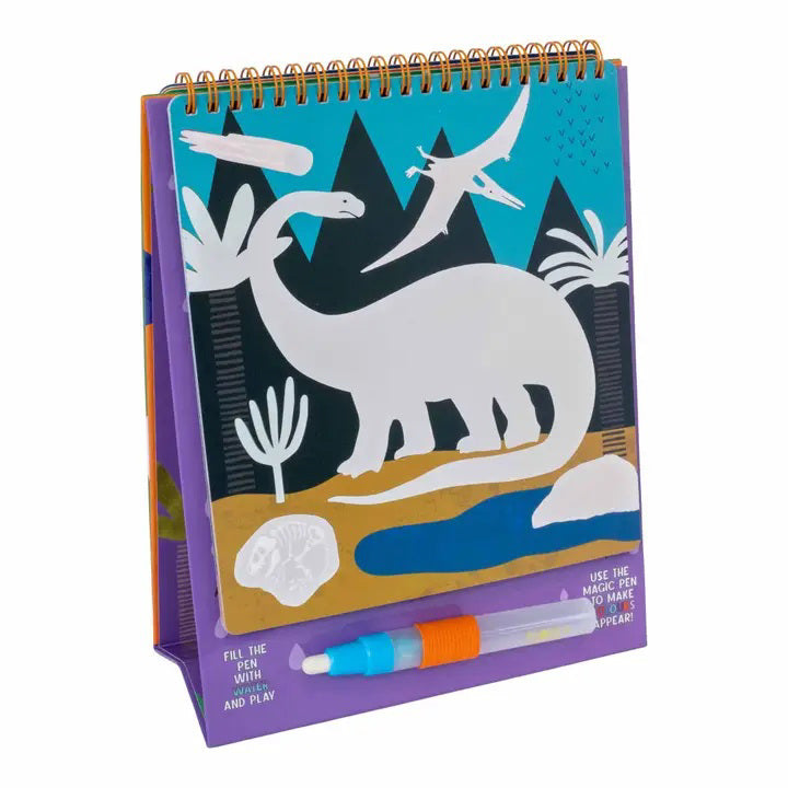 A vibrant, spiral-bound &quot;Floss and Rock - Dino Easel Watercard and Pen&quot; featuring dinosaur illustrations and a reusable water pen. The cover showcases various dinosaurs and foliage against a lively background. This eco-friendly toy by Floss &amp; Rock is suitable for ages 18 months and older.