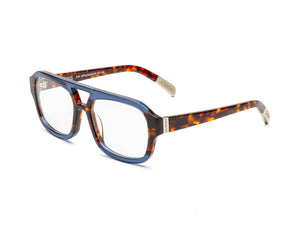 Introducing the CADDIS NETA READERS, a stylish and sustainable choice with rectangular lenses featuring blue frames. The arms showcase a chic tortoiseshell pattern made from bio-based acetate, complemented by beige interiors branded with text.