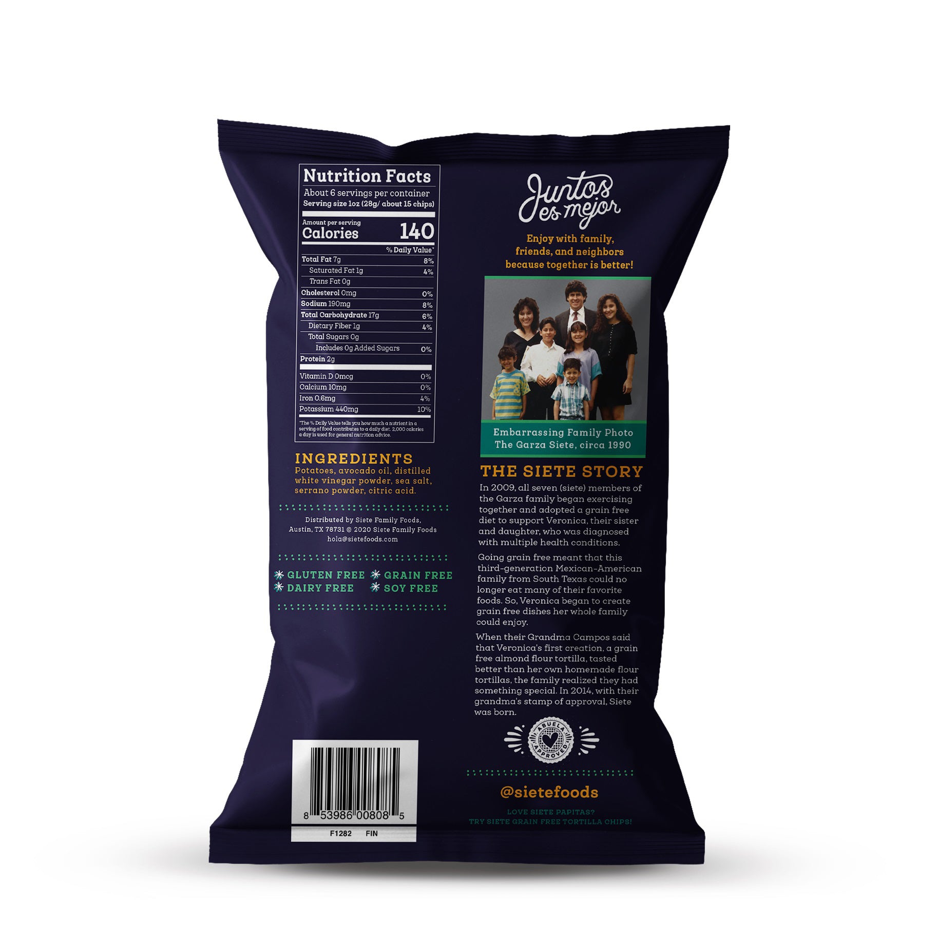 The image shows a bag of SIETE FOODS - KETTLE CHIPS SEA SALT VINAGAR WITH A HINT OF SERRANO. The packaging is adorned with vibrant patterns and highlights that the chips are made with 100% avocado oil, featuring zesty serrano peppers for an extra kick, and are vegan.