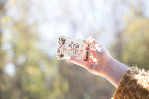 A package of BIG SPOON ROASTERS Cranberry Cashew Snack Bar. The packaging displays cranberries, cashews, and cocoa nibs against a white background, with text indicating it is gluten-free, dairy-free, soy-free, and palm oil-free and weighs 60 grams (2.1 oz).