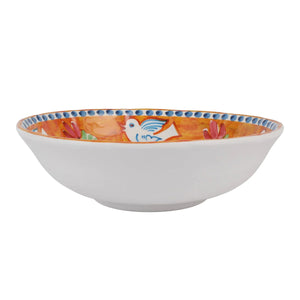 The VIETRI - MELAMINE CAMPAGNA LARGE SERVING BOWL is a durable serving piece that boasts an intricately painted interior. The inner design features a vibrant orange background adorned with colorful flowers and a blue and white bird. A dotted blue pattern graces the rim, making this bowl as functional as it is beautiful.