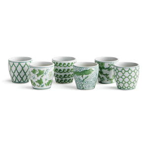 NAPA HOME AND GARDEN's Imperial Mini Flower Pot set includes six ceramic pots, each featuring unique green chinoiserie patterns with geometric and floral designs. Elegantly arranged in two rows on a white surface, these pots are available for in-store pickup.