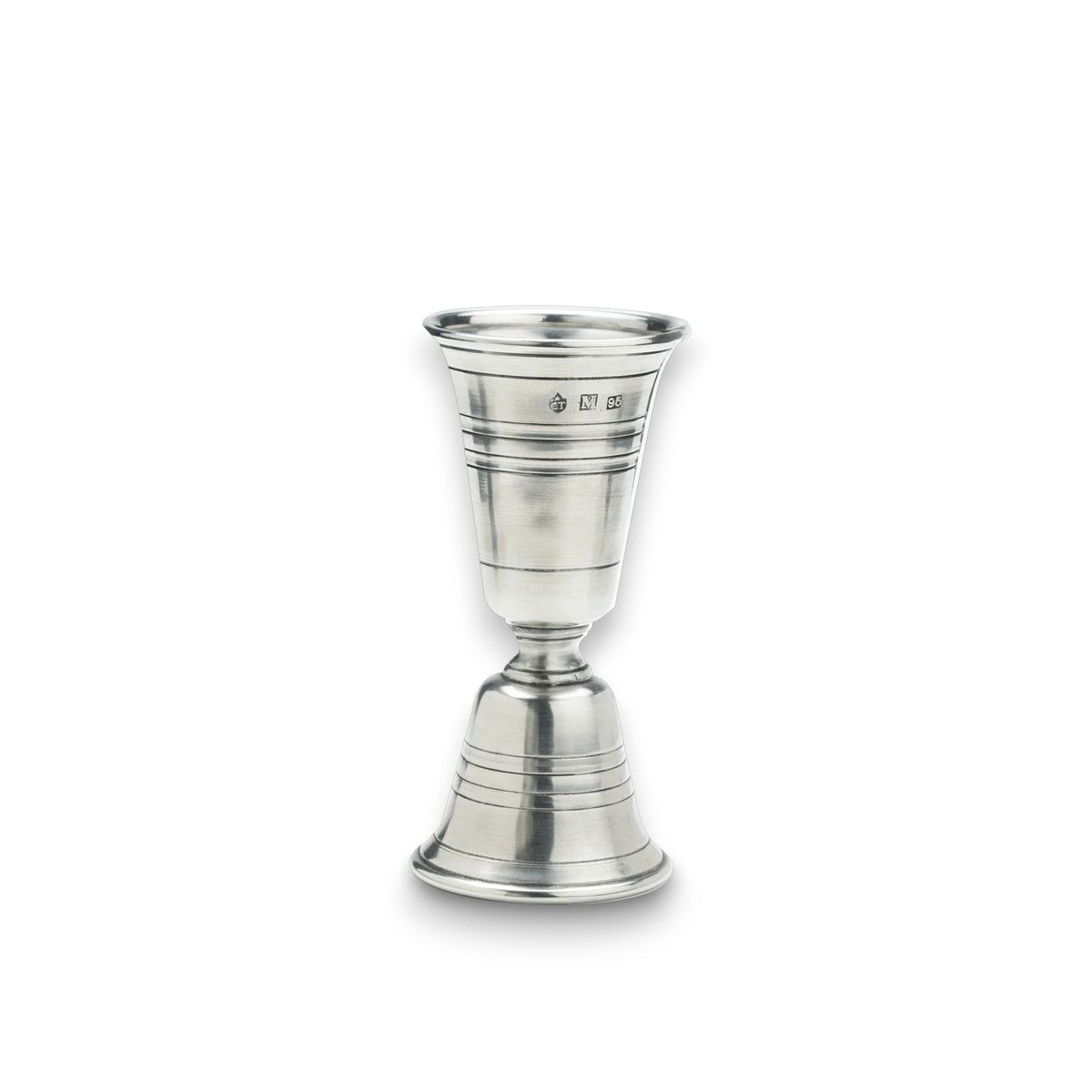 The MATCH - PEWTER DOUBLE JIGGER by MATCH, featuring precise measuring markings for spirits or cocktail ingredients, stands upright on a white background.