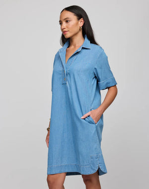 A woman with long dark hair, facing away, wears the HINSON WU - AILEEN Short Sleeve Denim Dress in light blue tencel, featuring a button-down back. She stands against a plain gray background.