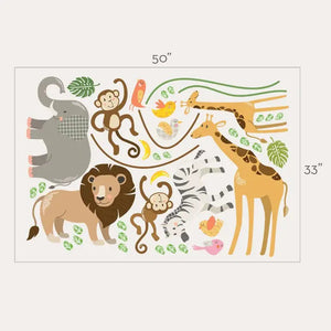 SIMPLE SHAPES - JUNGLE ANIMALS REMOVABLE WALL DECALS by SIMPLE SHAPES offer a vibrant collection of cartoon animals, including monkeys swinging from vines, colorful birds, a playful zebra, a giraffe and its calf, an adorable lion, and an elephant with a bird perched on its back. To enhance the scene, two wooden crates filled with stuffed toys and books are placed below for added charm.