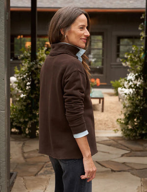 This relaxed fit, long-sleeve pullover shirt in dark brown by FRANK & EILEEN features an open V-neck collar and is displayed against a plain background. The PATRICK POPOVER HENLEY, made from soft Triple Fleece, ensures ultimate comfort for any casual occasion.