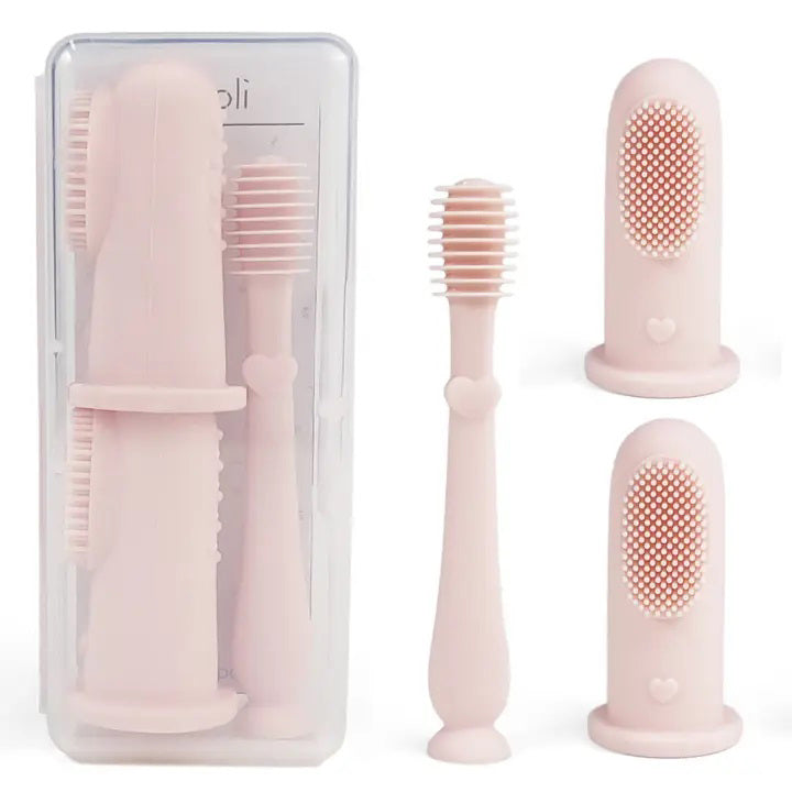 The BABY FINGER TOOTHBRUSH AND TONGUE CLEANER SET by ALI + OLI is a lovely light pink silicone set that includes an elongated toothbrush featuring a heart design on the handle and two baby finger brushes with soft bristles: one with bristles on one side and the other with bristles on both sides, ideal for encouraging early oral hygiene habits.