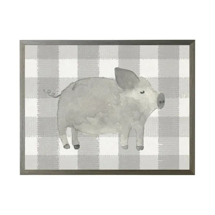 The BLACK WHITE WATERCOLOR PIG by ANTIQUE CURIOSITIES features a framed illustration of a muted gray watercolor pig standing sideways on a gray and white plaid background. The gray frame perfectly complements the artwork&#39;s color scheme, adding an elegant touch reminiscent of buffalo stripes.