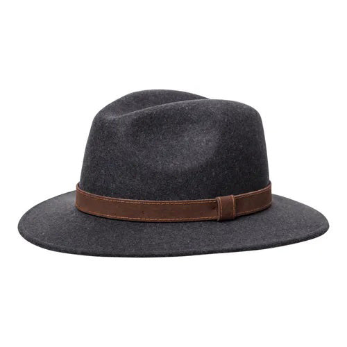The WIGENS - COUNTRY TRAVELER HAT 6.5 BRIM is a classic dark blue wool felt fedora with a wide brim and brown leather band, shown against a white background.