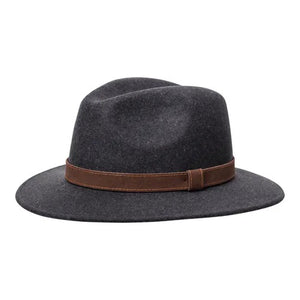 The WIGENS - COUNTRY TRAVELER HAT 6.5 BRIM is a classic dark blue wool felt fedora with a wide brim and brown leather band, shown against a white background.