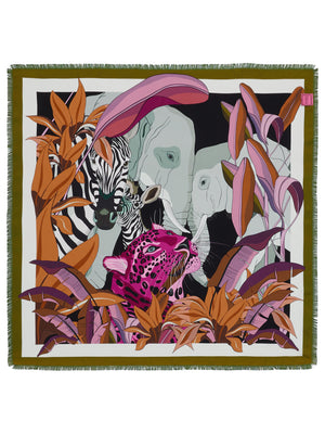 The FRANCO FERRARI - CIALDA DOUBLE SIDED FRINGE SILK SCARF 90CM, made of 100% silk, features a vibrant double-sided pattern in green, pink, orange, white, and brown hues. This colorful scarf can be folded into a triangle and tied at the top and is finished with fringed edges.