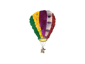 Illustration of a vibrant botanical hot air balloon featuring patchwork panels in shades of green, yellow, purple, and red. The balloon is connected to a small basket with rope against a plain white background, ideal for digital printing on creamy card stock. Featured in the PETAL PEOPLE PRESS - SKY'S THE LIMIT GREETING CARD by Petal People Press.