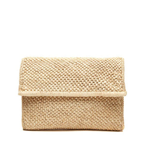 The MAR Y SOL - RHODES CROSSBODY CLUTCH from MAR Y SOL is a beige woven straw clutch bag featuring a tight, uniform weave that offers a natural, artisanal appearance. The simple yet elegant silhouette is adorned with delicate crochet detailing, making it perfect for both casual and semi-formal occasions.