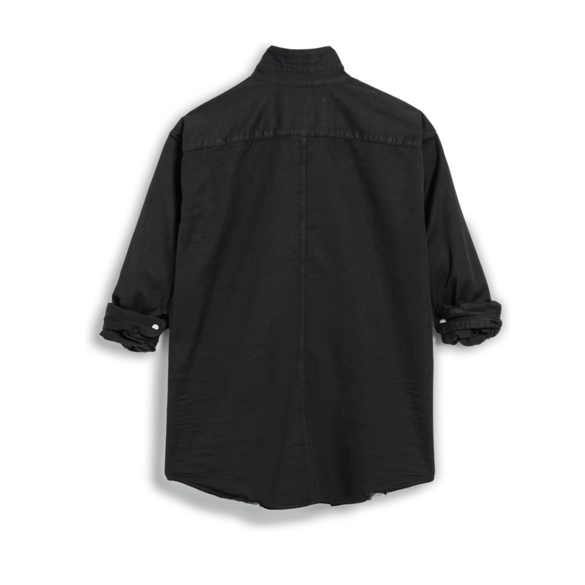 The FRANK &amp; EILEEN Luke Men&#39;s Button Up Shirt in Famous Denim Blackout features long sleeves, a chest pocket, and rolled cuffs, shown laid flat on a white background.