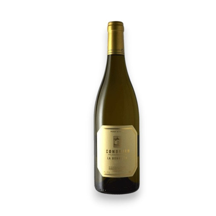 A bottle of RENE ROSTAING LA BONNETTE CONDRIEU 2022 by WINE: ADVINTAGE from Rhone, France, features a golden cap with a cream label on white. The elegant label highlights the wine&#39;s name and vineyard details.