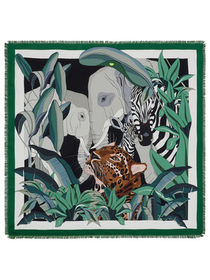 The FRANCO FERRARI - CIALDA DOUBLE SIDED FRINGE SILK SCARF 90CM, made of 100% silk, features a vibrant double-sided pattern in green, pink, orange, white, and brown hues. This colorful scarf can be folded into a triangle and tied at the top and is finished with fringed edges.