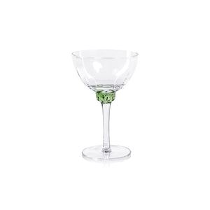 Introducing the MARTINI COCKTAIL OPTIC GLASS set by ZODAX: a collection of four elegant cocktail glasses featuring clear bowls with colorful accents. Each glass boasts a wide bowl and a slender stem, with bases in distinct colors—green, blue, gray, and light pink—perfect for showcasing the dimensions and capacity of your cocktails in style.