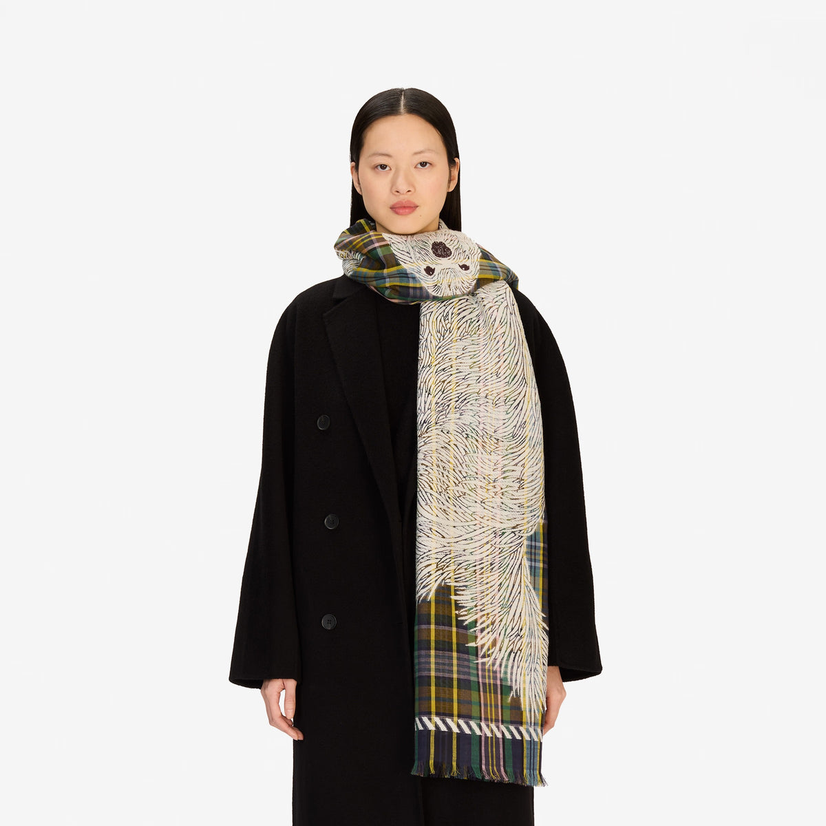 A person wears the INOUI FREDDY DOGS 3D Wool Scarf in Khaki—featuring jacquard zebra stripes and multicolored plaid—draped over a dark sweater, with only the lower half of their face and neck visible.