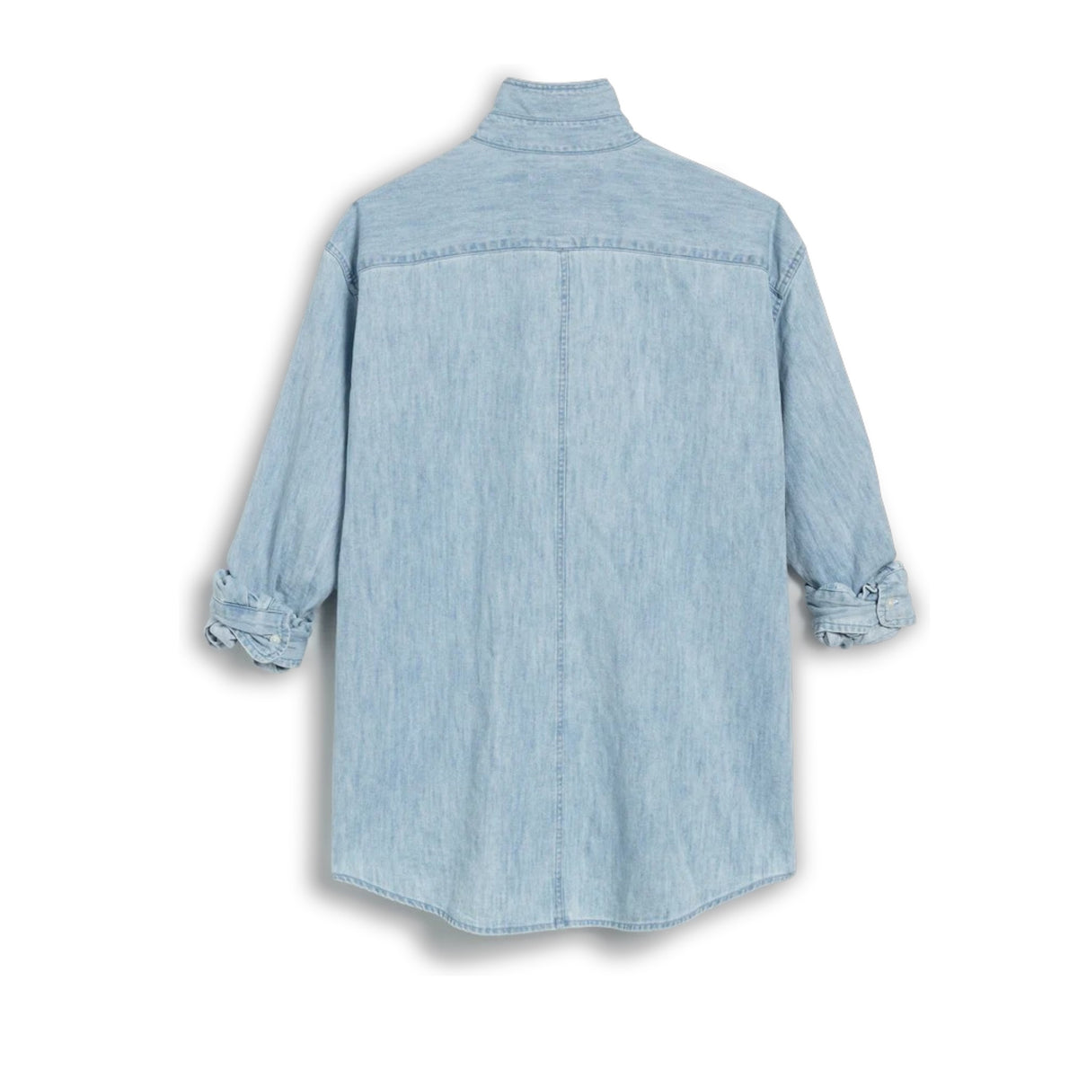 The FRANK &amp; EILEEN LUKE Men&#39;s Button Up Shirt in Famous Denim Classic Wash features light blue 100% cotton denim, a loose fit, straight hem, and rolled long sleeves. Displayed from the back against a white background.