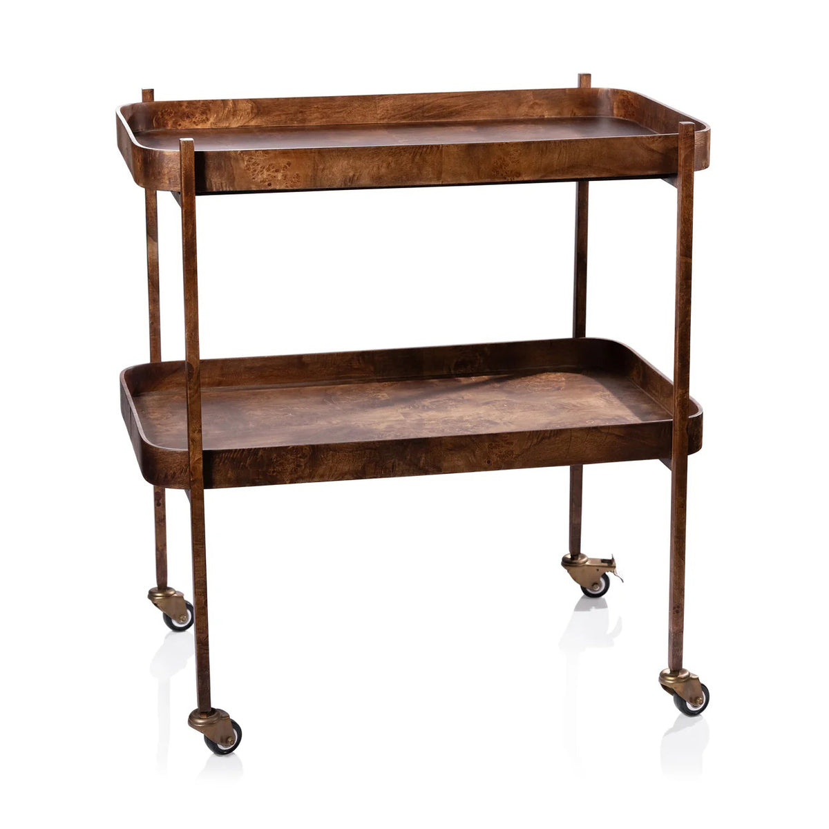 The ZODAX BENETEAU BAR CART IN BURL WOOD VENEER features a top shelf for bottles, glasses, and a tray, plus a lower shelf for books and décor. Set on wheels and positioned by a neutral wall. Available for in-store pickup.