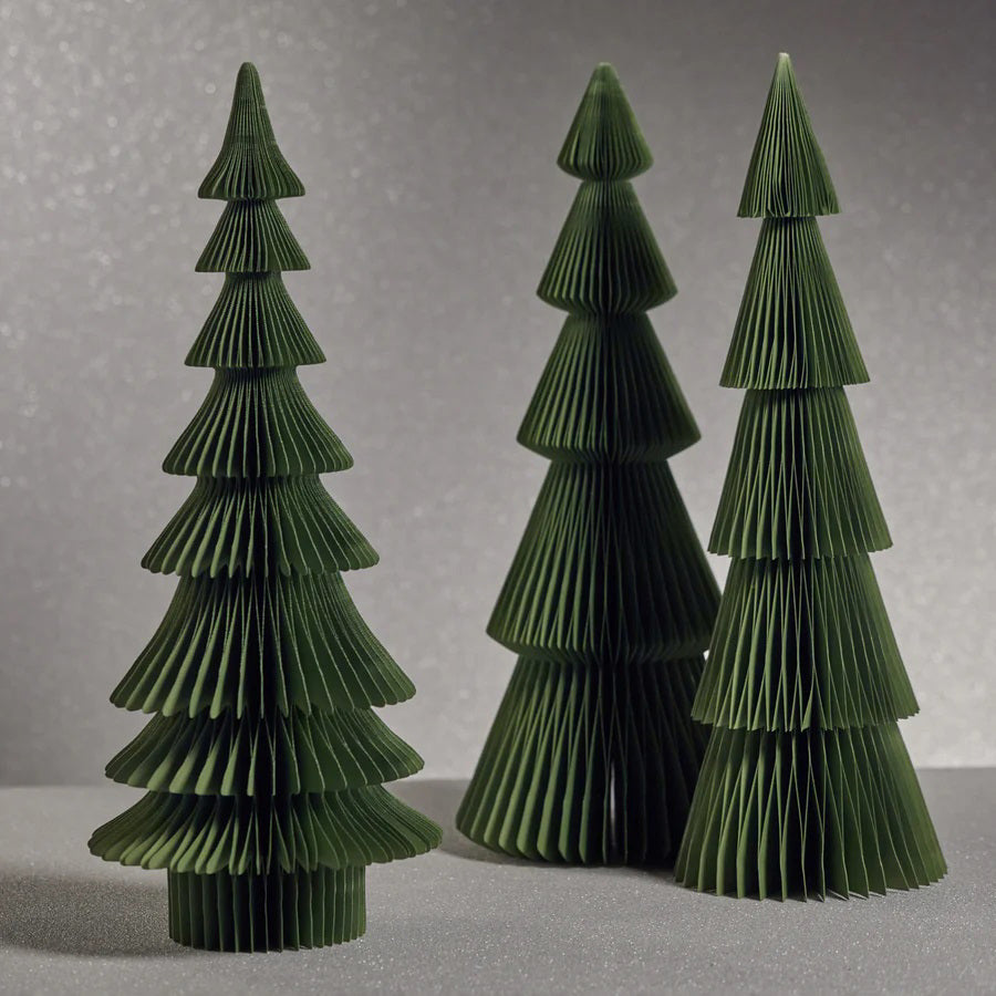 The WISH PAPER DECORATIVE TREE - DAVOS 24IN by ZODAX features a small, stylized green Christmas tree crafted from layered, accordion-like paper. It stands upright on a pristine white background, exhibiting its charming dimensions of 10 inches by 24 inches.