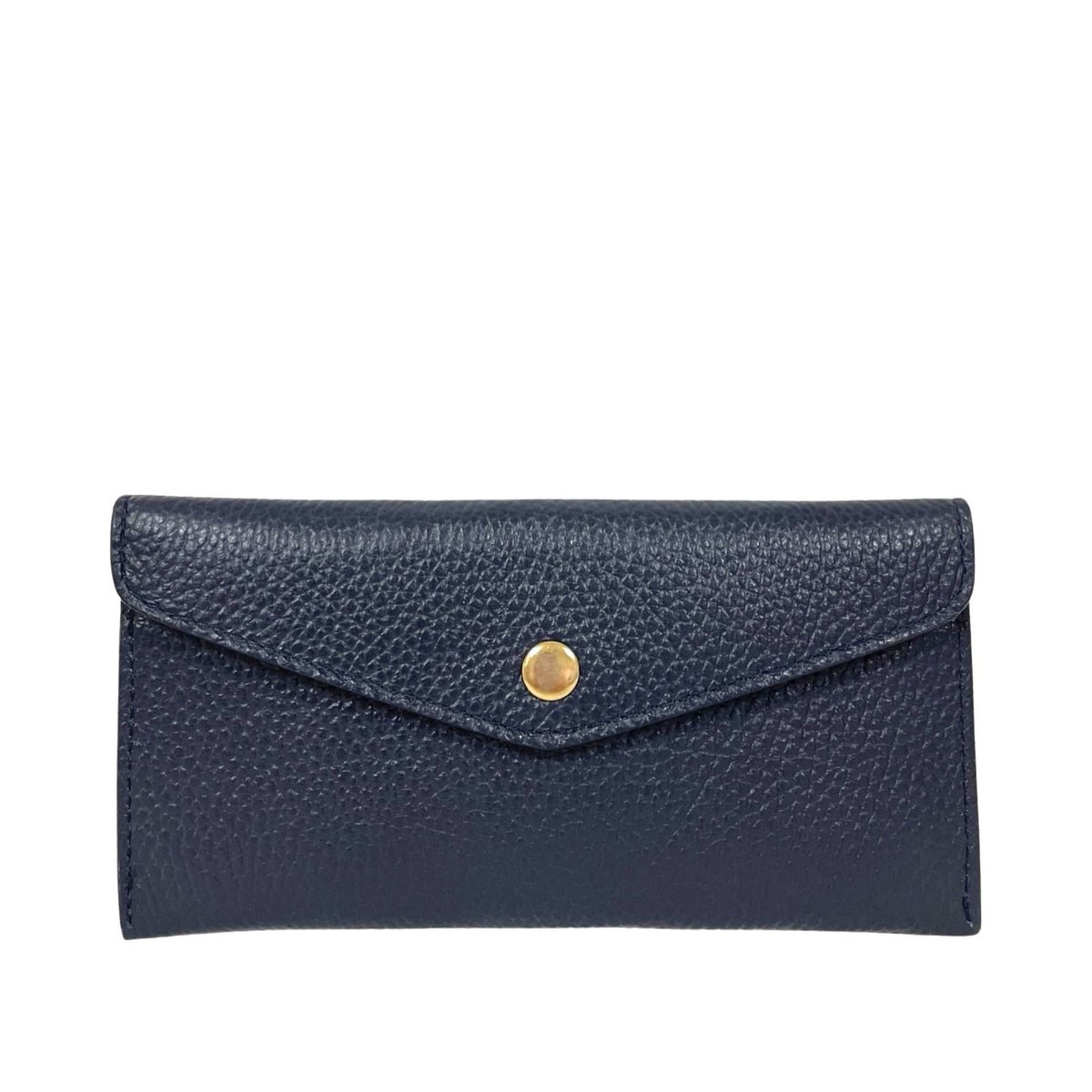 The LE BORSETTE leather envelope style wallet in mustard yellow features a flap closure with a central gold button, perfectly combining elegance and functionality.