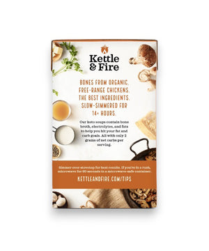 Box of KETTLE & FIRE - MUSHROOM BISQUE KETO SOUP, featuring an image of the soup garnished with herbs and mushrooms. The label highlights 9g protein, 2g net carbs per serving, and the inclusion of organic, free-range chicken bones. Gluten-free certified. Net weight: 16.9 oz (479g).