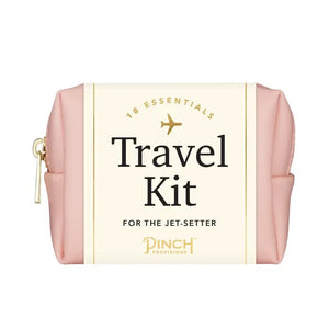 The PINCH PROVISIONS - Unisex Travel Kit from PINCH PROVISIONS, contains various travel accessories including a black sleep mask, comb, nail clipper, safety pin, thread and needle set, earplugs, deodorant wipes, face tissues, breath drops, hand lotion, bandage, and a phone/tablet stand.