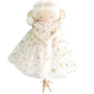 Introducing the ALIMROSE - WILLOW FAIRY DOLL by ALIMROSE: This enchanting plush fairy doll features a serene expression, white wings trimmed with gold, and a star-adorned dress. Adorned with white hair accented by a golden headband and bow, and wearing gold ballet shoes, this ethereal beauty makes an exquisite addition to nursery decor or a special gift for any little one.