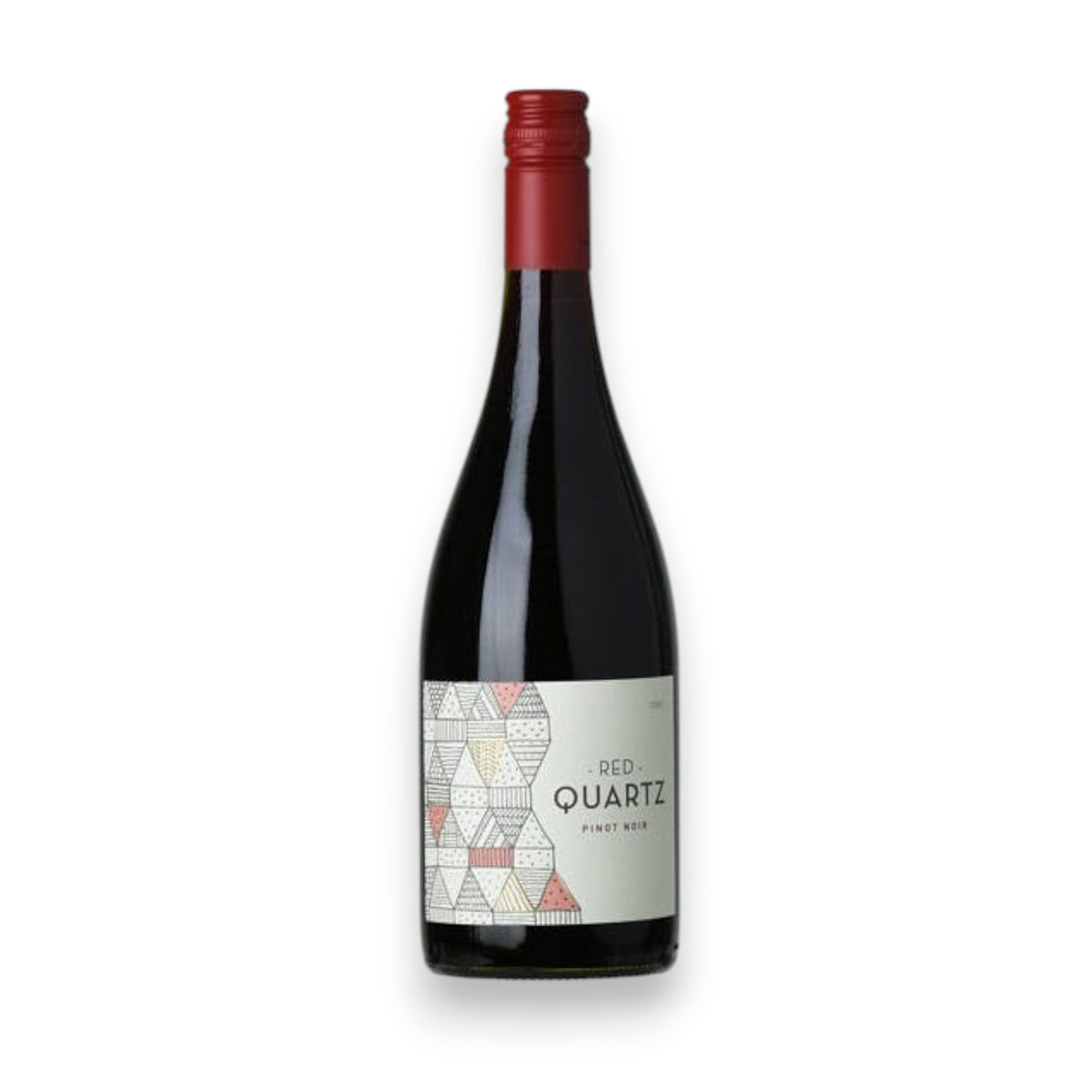 The QUARTZ PINOT NOIR 2023 by WINE: ORSINI features a red cap and a vibrant triangle-patterned label. Made from decomposed granite soils, this quality Pinot Noir ships to North Carolina.